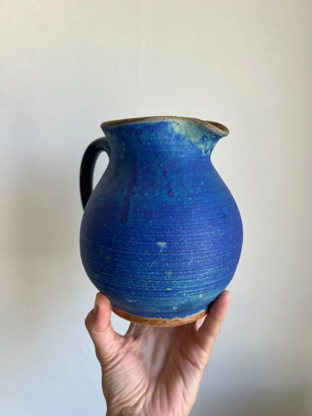 Vintage Studio Pottery Cerulean Blue Pitcher Vase Signed Hand Thrown Stoneware